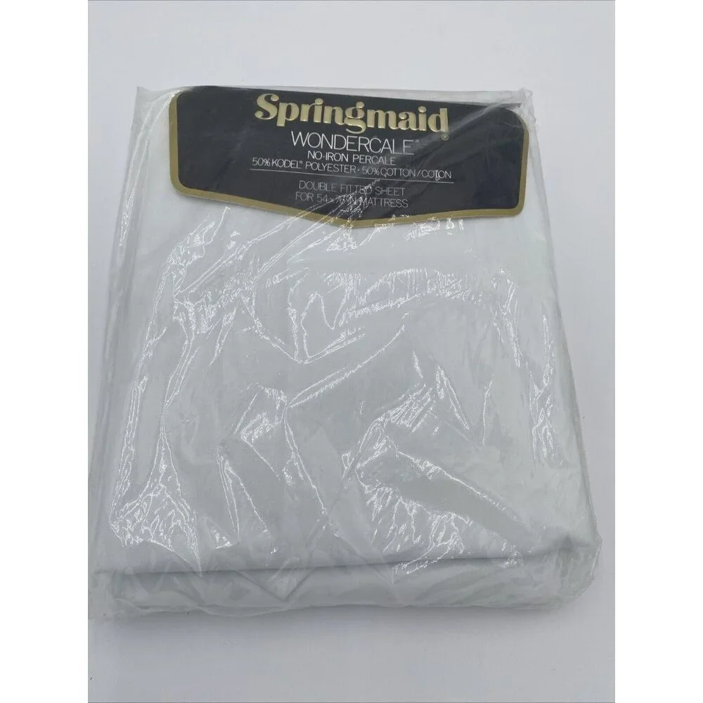 Vintage Springmaide Wondercale Fitted Sheet Full Size White Made USA NEW NOS